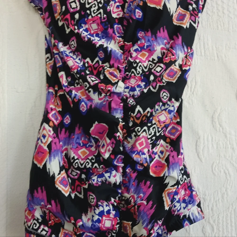 Maxine of Hollywood Purple Tribal Print Swimsuit Tummy Control Ruched Padded Cup - Picture 3 of 16